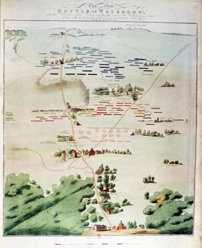 Plan and View of the Battle of Waterloo with the Position of the English in Red, the Belgians in Yellow, the Prussians in Green and the French in Blue by English School
